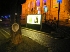 nacht in freiburgs zentrum, wunderbare stimmung und einsam hängt ein pissoir am baum. starker kontrast zu farbig beleuchteten haus im hintergrund
