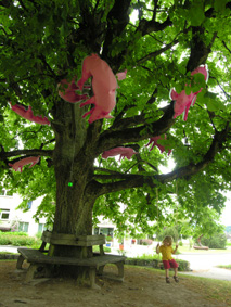 kaspar auf der zur instaallation gehörenden im baum aufghängten schaukel. der stamm ist von einem bänklein eingezäunt. man kann sich gut vorstellen wie die alteingessenen sich hier über die installtion unterhalten würden.